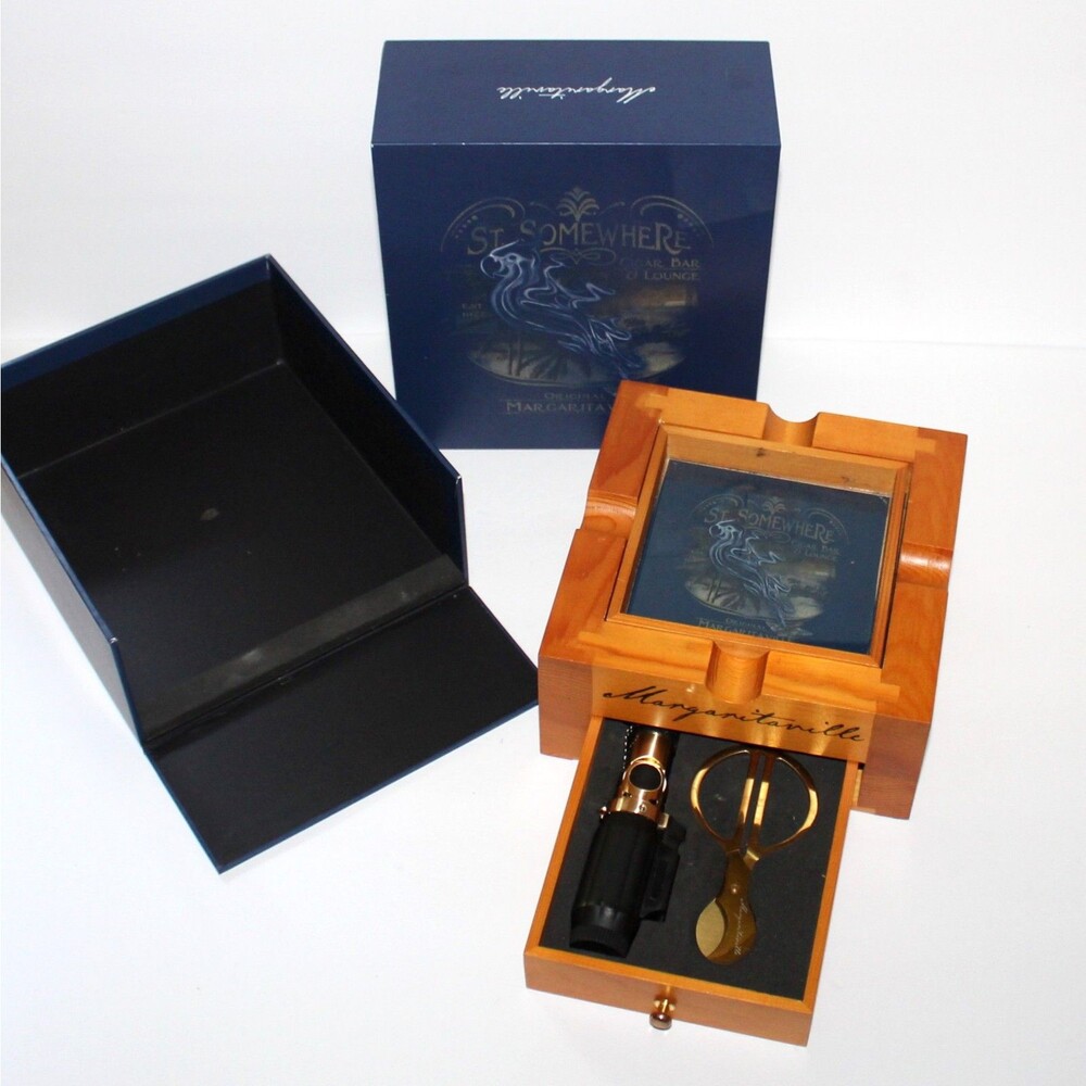 Margaritaville Cigar Ashtray Gift Set Wood Box with cutter and torch